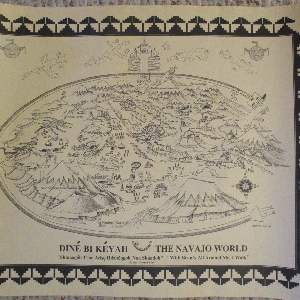 Vtg 1992 Ancient Ways 'The Navajo World (Dine Bi Keyah)' Map by Leroy C. Multine